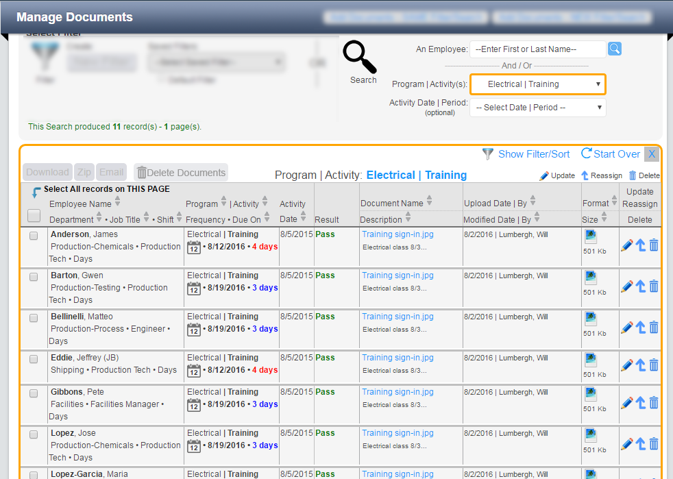 webOSCAR Manage Documents Screenshot