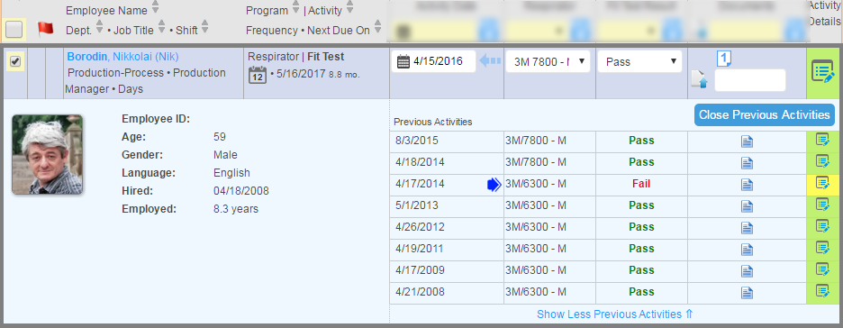 webOSCAR Previous Activities Screenshot